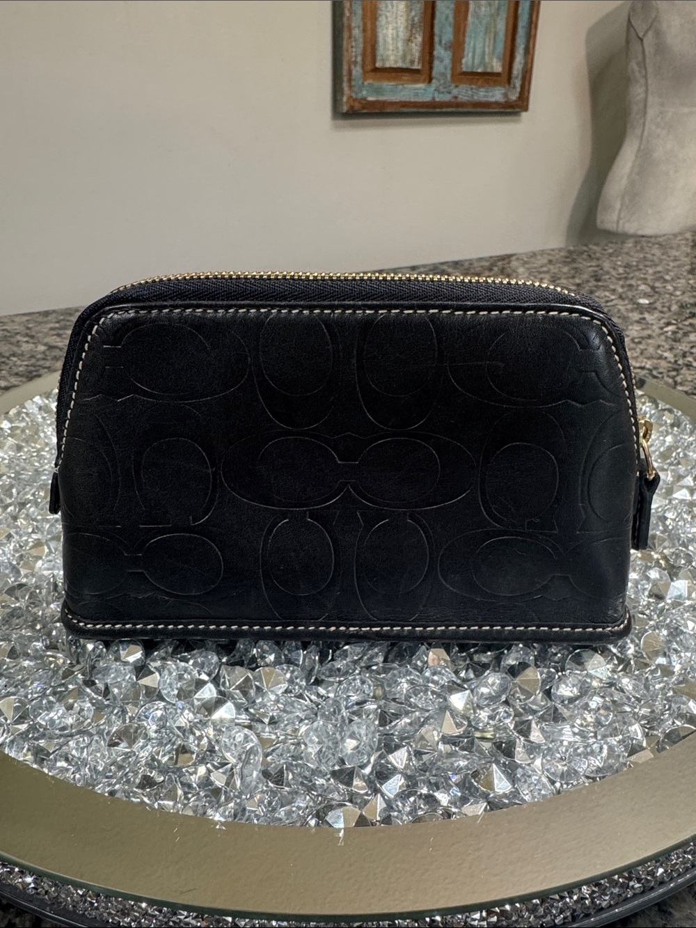 Coach rare dome Black Embossed Leather C structured signature Pouch clutch EUC